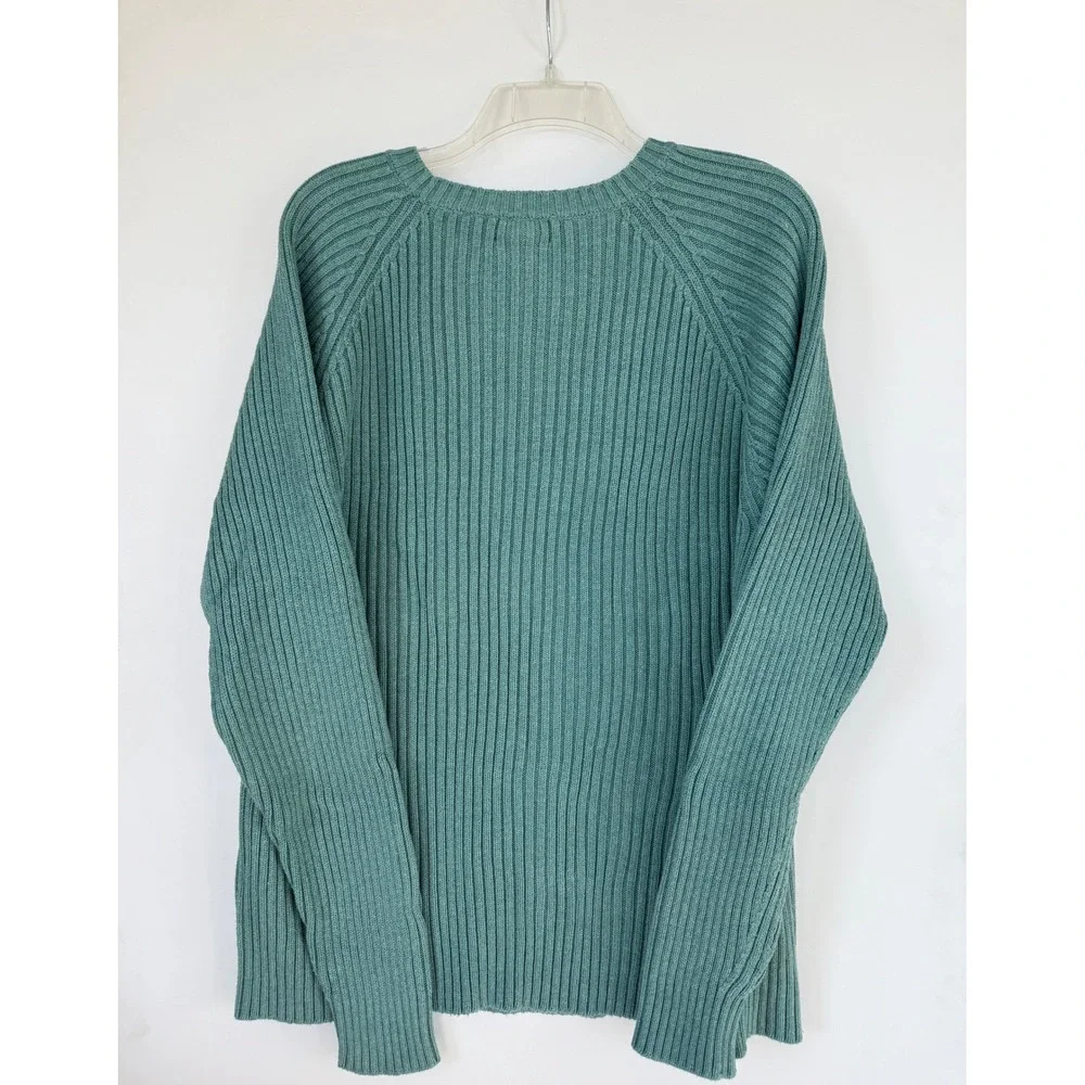 Lands End Ribbed Cotton Sweater Teal‎ Green Mens XL 46-48 Regular Raglan Sleeve